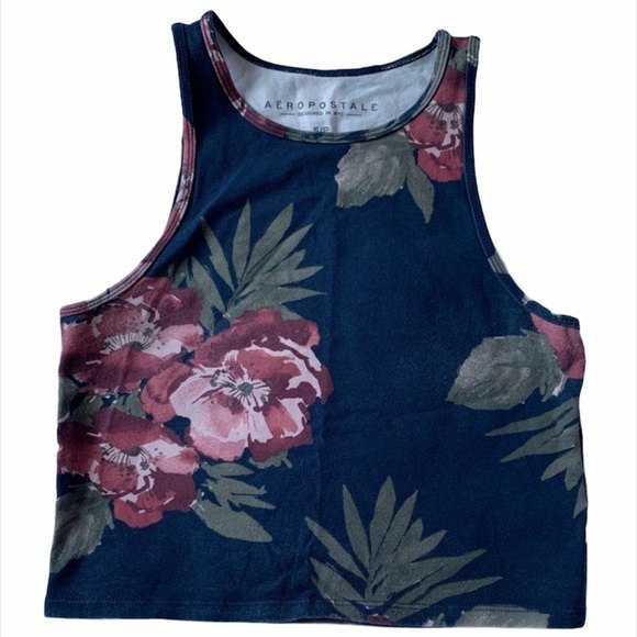 Aeropostale Navy Blue Pink Floral Summer Crop Top Small Cotton Blend - Picture 1 of 3